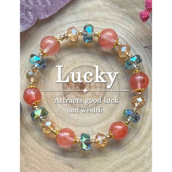 Colorful Glass Strawberry Quartz Bracelet - Good Luck Charm, Whimsical Gift - Picture 1 of 7